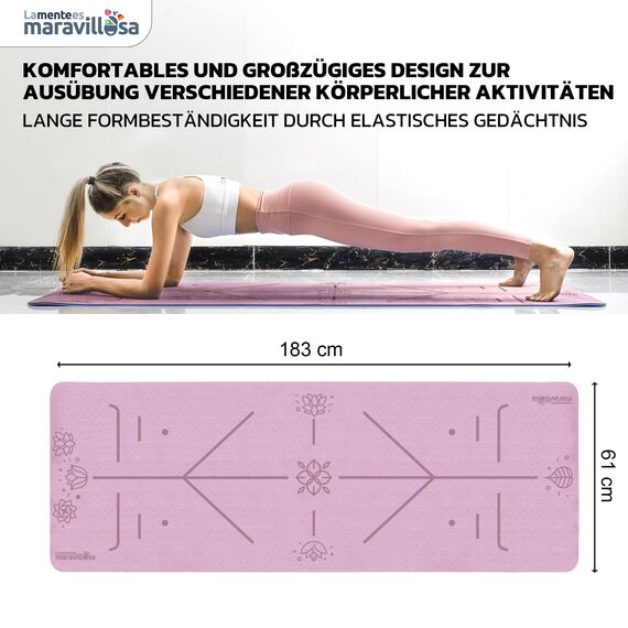 LA MENTE ES MARAVILLOSA - Gymnastikmatte, Rutschfest Yogamatte inkl. Tragegurt + Tasche + Übungs-E-Book, Gepolstert, Hautfreundliches TPE für Fitness/Pilates/Workout 183x61 cm (Blumen, Rosa/Blau)