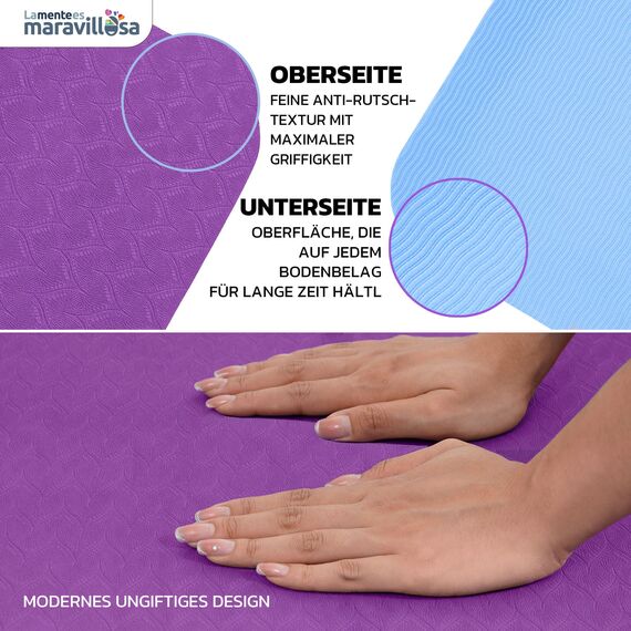 LA MENTE ES MARAVILLOSA - Gymnastikmatte, Rutschfest Yogamatte inkl. Tragegurt + Tasche + Übungs-E-Book, Gepolstert, Hautfreundliches TPE für Fitness/Pilates/Workout 183x61 cm (Lila/Blau ohne Design)
