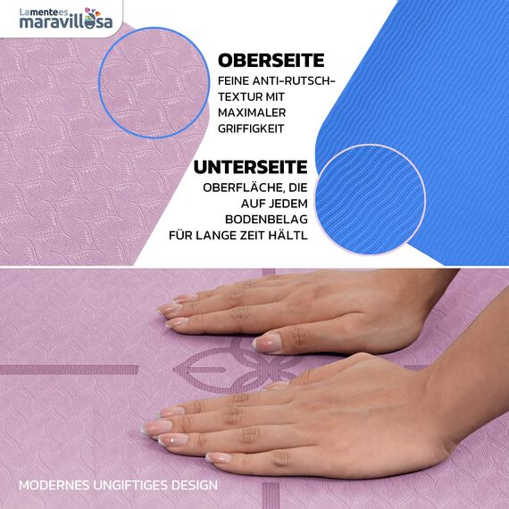 LA MENTE ES MARAVILLOSA - Gymnastikmatte, Rutschfest Yogamatte inkl. Tragegurt + Tasche + Übungs-E-Book, Gepolstert, Hautfreundliches TPE für Fitness/Pilates/Workout 183x61 cm (Blumen, Rosa/Blau)