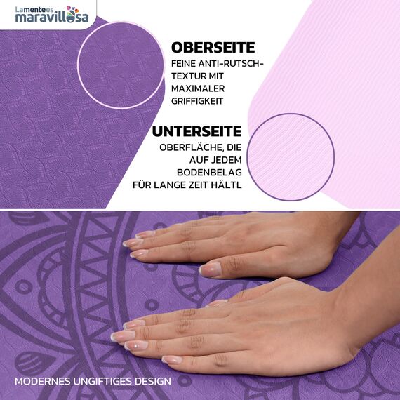 LA MENTE ES MARAVILLOSA - Gymnastikmatte, Rutschfest Yogamatte inkl. Tragegurt + Tasche + Übungs-E-Book, Gepolstert, Hautfreundliches TPE für Fitness/Pilates/Workout 183x61 cm (Mandala, Lila/Rosa)