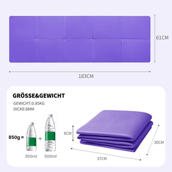Good Nite Klappbare Yogamatte rutschfest Tragbare Fitnessmatte Faltbar Leicht Gymnastikmatte Pilates Sport Reiseyogamatte 183 x 61 x 0.6 cm (Lila)