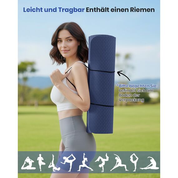 Yogamatte rutschfest und umweltfreundliche TPE Sportmatte mit Tragegurt Gymnastikmatte für Pilates Workout Fitnessmatte 183 x 61 x 0.6 cm (Marine-Blau)