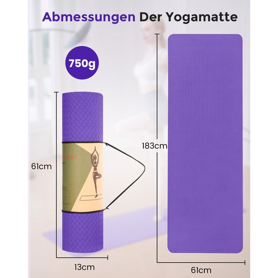 Yogamatte rutschfest und umweltfreundliche TPE Sportmatte mit Tragegurt Gymnastikmatte für Pilates, Workout Fitnessmatte 183 x 61 x 0.6 cm (Lila)