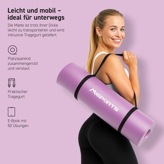 MSPORTS Gymnastikmatte Premium inkl. Tragegurt + Übungsposter + Workout App I Hautfreundliche Fitnessmatte 190 x 80 x 1,5 cm - Violett - Phthalatfreie Yogamatte