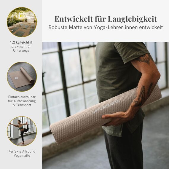 LOTUSCRAFTS® Yoga Matte 5 mm dick, universell einsetzbar als Yogamatte, Sportmatte, Gymnastikmatte, Fitnessmatte, Yogamatte Rutschfest, Yoga Mat, Matte Sport, Trainingsmatte, Yogamatten, Pilates Matte