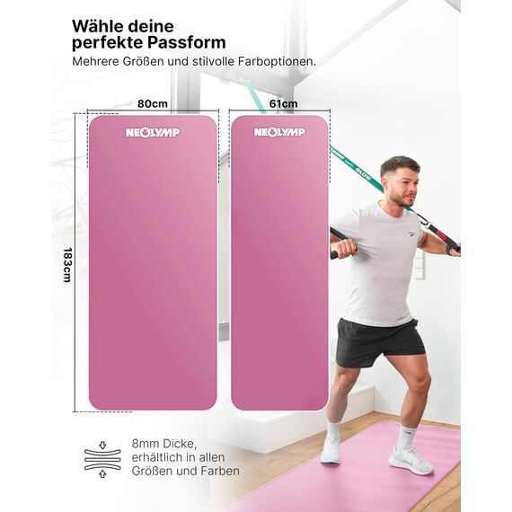 NEOLYMP extra dicke Fitnessmatte rutschfest inkl. Tragegurt & E-Book – Yogamatte, Gymnastikmatte, Sportmatte & Pilates Matte – Trainingsmatte für Zuhause, Studio & Outdoor (rosa 80 cm)