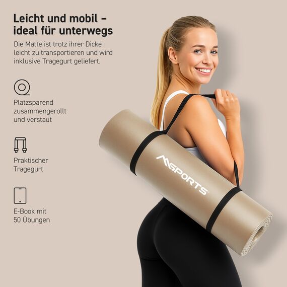 MSPORTS Gymnastikmatte Premium inkl. Tragegurt + Übungsposter + Workout App I Hautfreundliche Fitnessmatte 190 x 80 x 1,5 cm - Beige-Caramel - Phthalatfreie Yogamatte