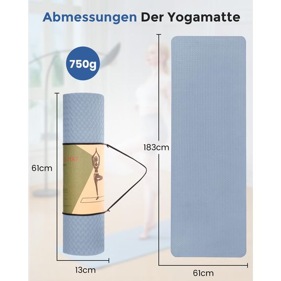 Yogamatte rutschfest und umweltfreundliche TPE Sportmatte mit Tragegurt Gymnastikmatte für Pilates, Workout Fitnessmatte 183 x 61 x 0.6 cm (Blau)