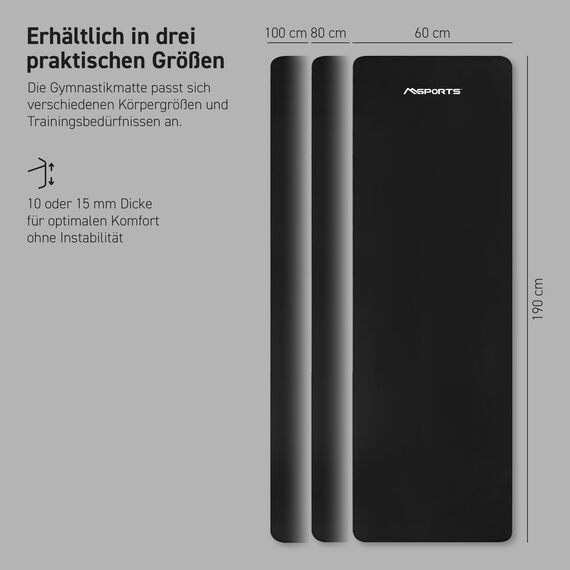 MSPORTS Gymnastikmatte Premium inkl. Tragegurt + Übungsposter + Workout App I Hautfreundliche Fitnessmatte 190 x 100 x 1,5 cm - Schwarz-Matt - Phthalatfreie Yogamatte