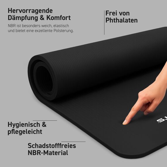 MSPORTS Gymnastikmatte Premium inkl. Tragegurt + Übungsposter + Workout App I Hautfreundliche Fitnessmatte 190 x 80 x 1,5 cm - Schwarz-Matt - Phthalatfreie Yogamatte