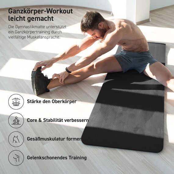 MSPORTS Gymnastikmatte Premium inkl. Tragegurt + Übungsposter + Workout App I Hautfreundliche Fitnessmatte 190 x 60 x 1,0 cm - Schwarz - Matt - Phthalatfreie Yogamatte