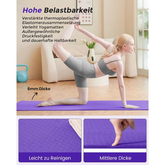 Yogamatte rutschfest und umweltfreundliche TPE Sportmatte mit Tragegurt Gymnastikmatte für Pilates, Workout Fitnessmatte 183 x 61 x 0.6 cm (Lila)