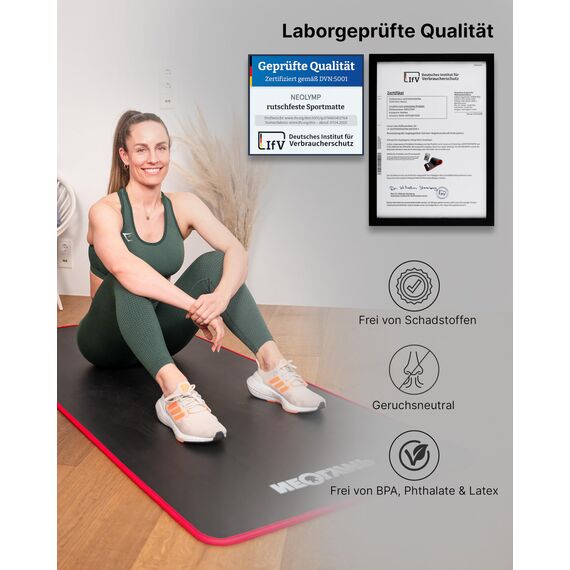 NEOLYMP extra Dicke und rutschfeste Fitnessmatte mit Fitness E-Book und Tragegurt - Pilatesmatte, Yoga Matte, Sportmatte, Gymnastikmatte, Trainingsmatte