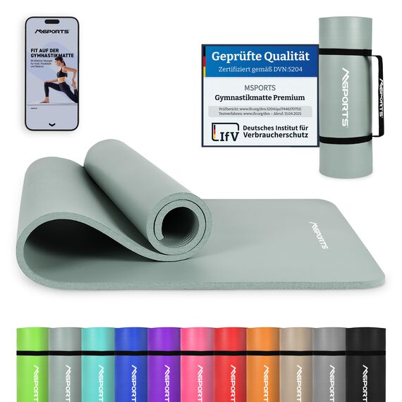 MSPORTS Gymnastikmatte Premium inkl. Tragegurt + Übungsposter + Workout App I Hautfreundliche Fitnessmatte 190 x 60 x 1,5 cm - Steingrau - Phthalatfreie Yogamatte