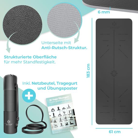 KESSER® Gymnastikmatte mit Tragegurt rutschfest TPE Yogamatte Gepolstert & rutschfest Fitnessmatte, 183 x 61 Trainingsmatte für Fitness Sportmatte, Pilates & Gymnastik + Tragegurt & Tasche, extradick