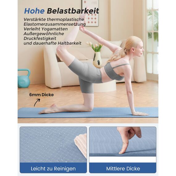 Yogamatte rutschfest und umweltfreundliche TPE Sportmatte mit Tragegurt Gymnastikmatte für Pilates, Workout Fitnessmatte 183 x 61 x 0.6 cm (Blau)