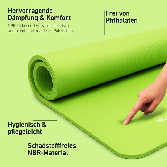 MSPORTS Gymnastikmatte Premium inkl. Tragegurt + Übungsposter + Workout App I Hautfreundliche Fitnessmatte 190 x 60 x 1,5 cm - Lindgrün - Phthalatfreie Yogamatte