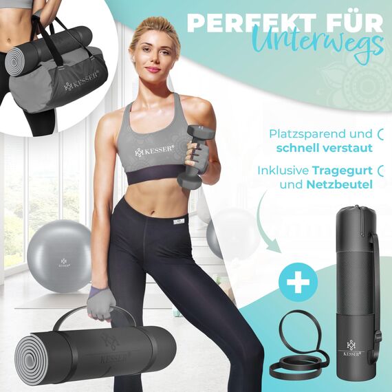 KESSER® Gymnastikmatte mit Tragegurt rutschfest TPE Yogamatte Gepolstert & rutschfest Fitnessmatte, 183 x 61 Trainingsmatte für Fitness Sportmatte, Pilates & Gymnastik + Tragegurt & Tasche, extradick