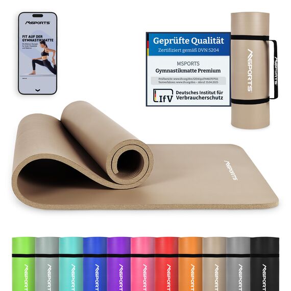 MSPORTS Gymnastikmatte Premium inkl. Tragegurt + Übungsposter + Workout App I Hautfreundliche Fitnessmatte 190 x 100 x 1,5 cm - Beige-Caramel - Phthalatfreie Yogamatte