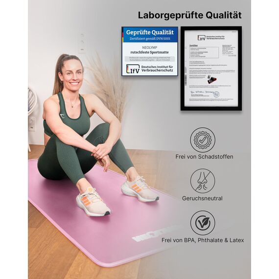 NEOLYMP extra dicke Fitnessmatte rutschfest inkl. Tragegurt & E-Book – Yogamatte, Gymnastikmatte, Sportmatte & Pilates Matte – Trainingsmatte für Zuhause, Studio & Outdoor (Rosa 61 cm)