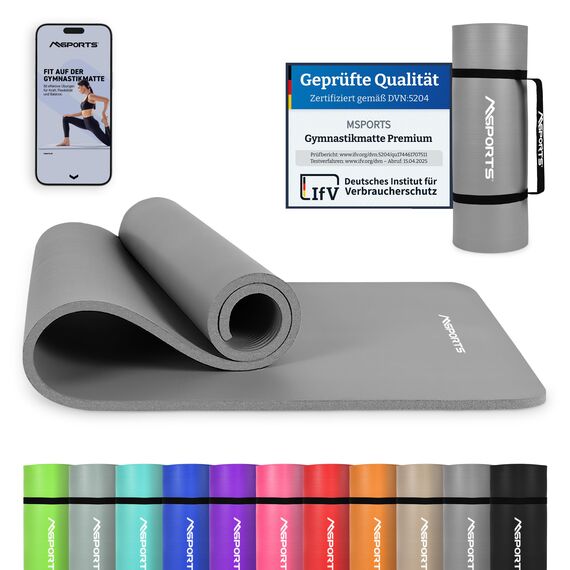 MSPORTS Gymnastikmatte Premium inkl. Tragegurt + Übungsposter + Workout App I Hautfreundliche Fitnessmatte 190 x 60 x 1,5 cm - Anthrazit - Phthalatfreie Yogamatte