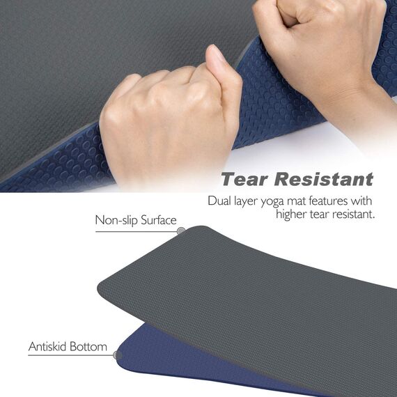 TOPLUS Gymnastikmatte, Yogamatte Gepolstert & rutschfest für Fitness Pilates & Gymnastik mit Tragegurt (Dunkelblau-Grau)