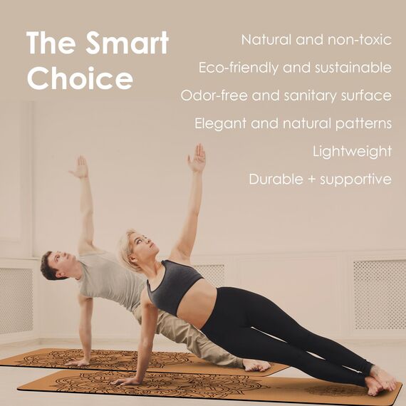 Yogamatte, rutschfest, einzigartiges Design, natürlicher Kork, TPE-Material, Fitness-Trainingsmatte mit Tragetasche und Gurt, für Zuhause, Pilates, Aerobic Fitnessstudio und Workout (183 x 61 cm)