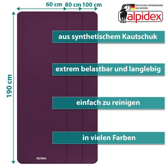 ALPIDEX Yogamatte Extra Dick 1,5 cm Gymnastikmatte 3 Größen E-Book rutschfest Phthalatfrei Fitness Matte Turnen Pilates Sport Physio HIIT Yoga Trainingsmatte Isomatte, Berry, 190 x 80 x 1.5 cm