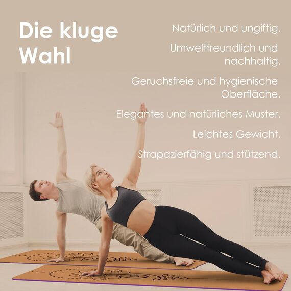 Haninj® Yogamatte-Kork, Rutschfest, Einzigartiges Design, Extradick Natürlicher Kork, TPE Fitness-Trainingsmatte mit Tragetasche und Gurt, für Zuhause, Pilates, Aerobic Fitnessstudio und Workout