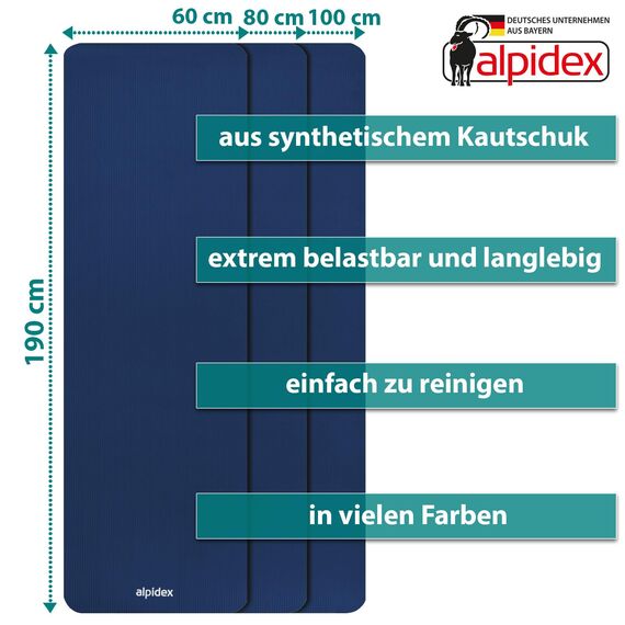 ALPIDEX Yogamatte Extra Dick 1,5 cm Gymnastikmatte 3 Größen E-Book rutschfest Phthalatfrei Fitness Matte Turnen Pilates Sport Physio HIIT Yoga Trainingsmatte Isomatte, Blue, 190 x 80 x 1.5 cm
