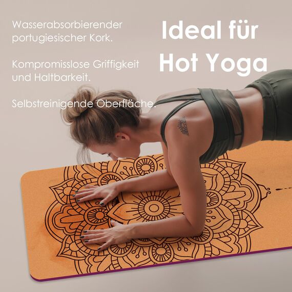 Haninj® Yogamatte-Kork, Rutschfest, Einzigartiges Design, Extradick Natürlicher Kork, TPE Fitness-Trainingsmatte mit Tragetasche und Gurt, für Zuhause, Pilates, Aerobic Fitnessstudio und Workout