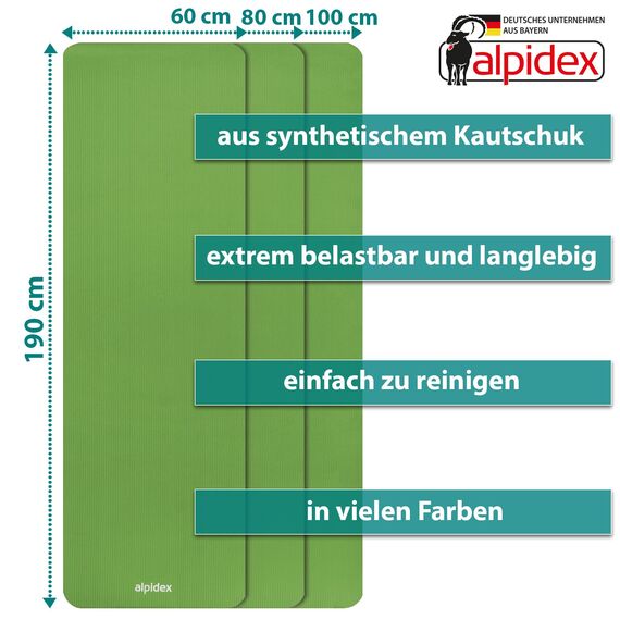 ALPIDEX Yogamatte Extra Dick 1,5 cm Gymnastikmatte 3 Größen E-Book rutschfest Phthalatfrei Fitness Matte Turnen Pilates Sport Physio HIIT Yoga Trainingsmatte Isomatte, Lime, 190 x 80 x 1.5 cm
