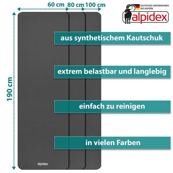 ALPIDEX Yogamatte Extra Dick 1,5 cm Gymnastikmatte 3 Größen E-Book rutschfest Phthalatfrei Fitness Matte Turnen Pilates Sport Physio HIIT Yoga Trainingsmatte Isomatte, Anthracite, 190 x 80 x 1.5 cm