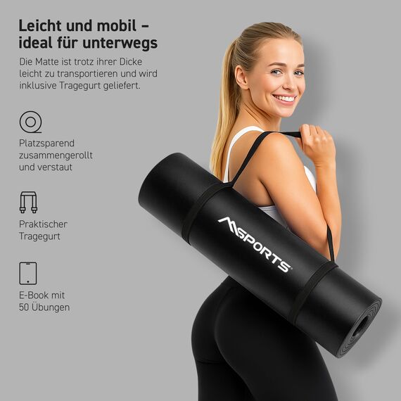 MSPORTS Gymnastikmatte Premium inkl. Tragegurt + Übungsposter + Workout App I Hautfreundliche Fitnessmatte 190 x 60 x 1,5 cm - Schwarz-Matt - Phthalatfreie Yogamatte