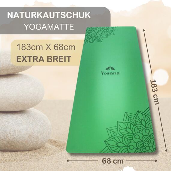 Yosana Yogamatte aus Naturkautschuk | extrem rutschfest | ULTRA GRIP Oberfläche aus ECO PU | extra breit 68cm | Yoga matte 183x68cm | 4mm dünn
