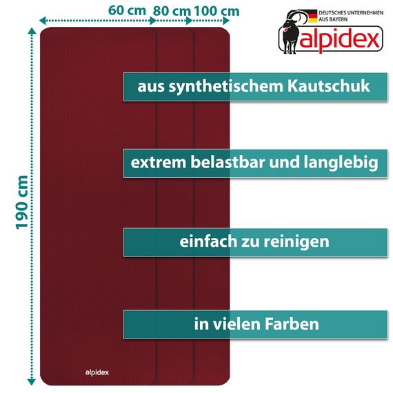 ALPIDEX Yogamatte Extra Dick 1,5 cm Gymnastikmatte 3 Größen E-Book rutschfest Phthalatfrei Fitness Matte Turnen Pilates Sport Physio HIIT Yoga Trainingsmatte Isomatte, Bordeaux, 190 x 60 x 1.5 cm