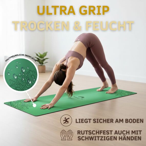 Yosana Yogamatte aus Naturkautschuk | extrem rutschfest | ULTRA GRIP Oberfläche aus ECO PU | extra breit 68cm | Yoga matte 183x68cm | 4mm dünn