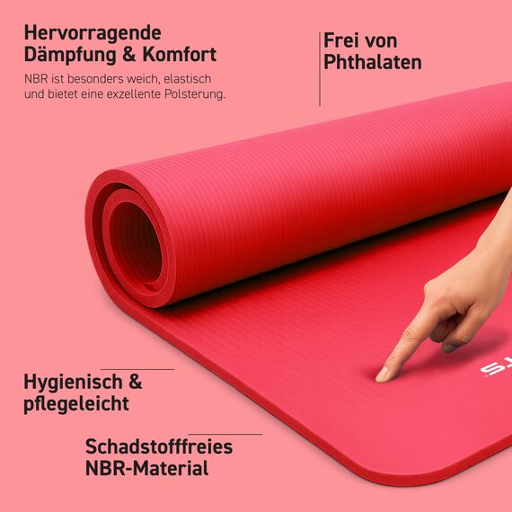 MSPORTS Gymnastikmatte Premium inkl. Tragegurt + Übungsposter + Workout App I Hautfreundliche Fitnessmatte 190 x 80 x 1,5 cm - Rubinrot - Phthalatfreie Yogamatte