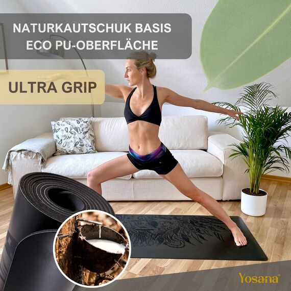 Yosana Yogamatte aus Naturkautschuk | extrem rutschfest | ULTRA GRIP Oberfläche aus ECO PU | extra breit 68cm | inklusive Tragegurt | Yoga matte 183x68cm | 4mm dünn
