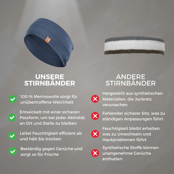 menique 100% Merino Damen Stirnband: menique rutschfeste Schweißbandbreite Ohrwärmer für das Laufen Wandern Yoga Sport-Stirnbänder für Feuchtigkeitsableitung und Haarband (Universal, Denim)