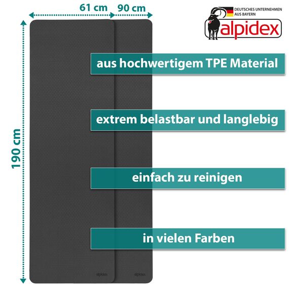 ALPIDEX Yogamatte rutschfest 190 x 61 x 0.6 cm | 190 x 90 x 0.6 cm E-Book Phthalatfreie Fitness TPE Matte Gymnastik Turnen Pilates Sport Yoga Trainingsmatte, Grey/Pink, 190 x 90 x 0.6 cm