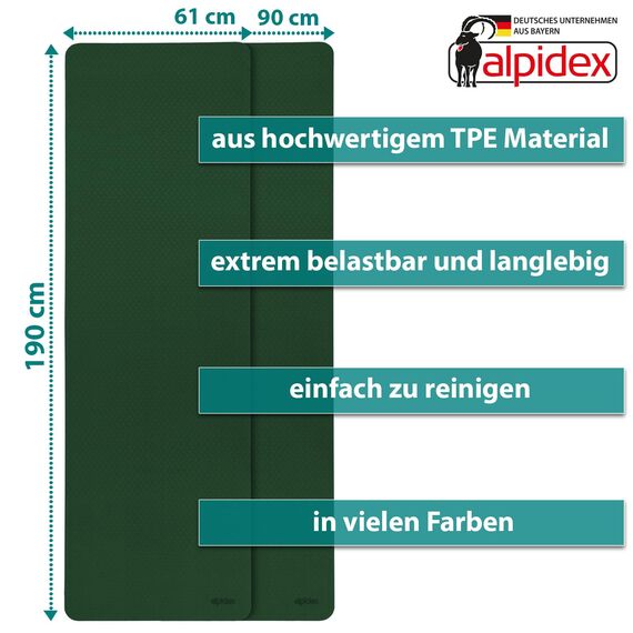ALPIDEX Yogamatte rutschfest 190 x 61 x 0.6 cm | 190 x 90 x 0.6 cm E-Book Phthalatfreie Fitness TPE Matte Gymnastik Turnen Pilates Sport Yoga Trainingsmatte, Dark Green/Lime, 190 x 61 x 0.6 cm