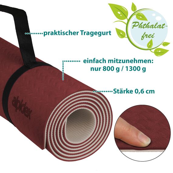 ALPIDEX Yogamatte rutschfest 190 x 61 x 0.6 cm | 190 x 90 x 0.6 cm E-Book Phthalatfreie Fitness TPE Matte Gymnastik Turnen Pilates Sport Yoga Trainingsmatte, Bordeaux/Cream, 190 x 90 x 0.6 cm