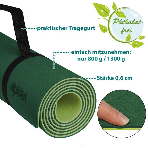 ALPIDEX Yogamatte rutschfest 190 x 61 x 0.6 cm | 190 x 90 x 0.6 cm E-Book Phthalatfreie Fitness TPE Matte Gymnastik Turnen Pilates Sport Yoga Trainingsmatte, Dark Green/Lime, 190 x 61 x 0.6 cm