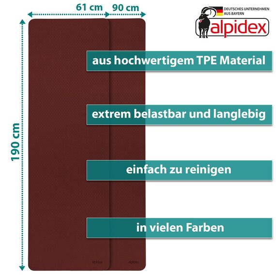 ALPIDEX Yogamatte rutschfest 190 x 61 x 0.6 cm | 190 x 90 x 0.6 cm E-Book Phthalatfreie Fitness TPE Matte Gymnastik Turnen Pilates Sport Yoga Trainingsmatte, Bordeaux/Cream, 190 x 90 x 0.6 cm