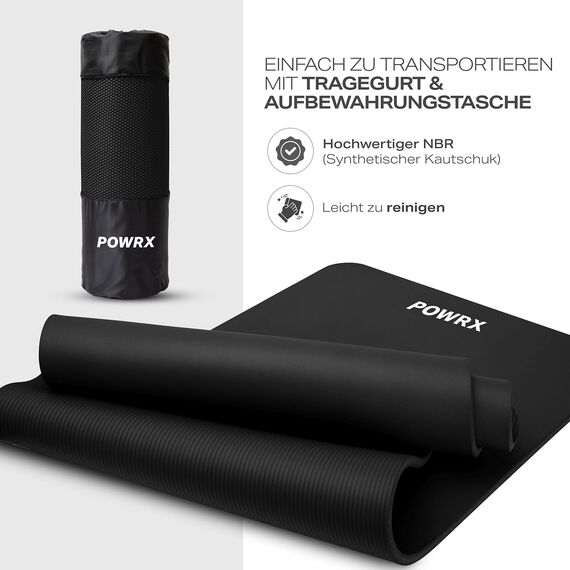 POWRX Gymnastikmatte I Yogamatte (Schwarz, 190 x 80 x 1,5 cm) Inklusive Tragegurt + Tasche + Free Exercise Poster I Hautfreundliche Sportmatte Fitnessmatte rutschfest phthalatfrei