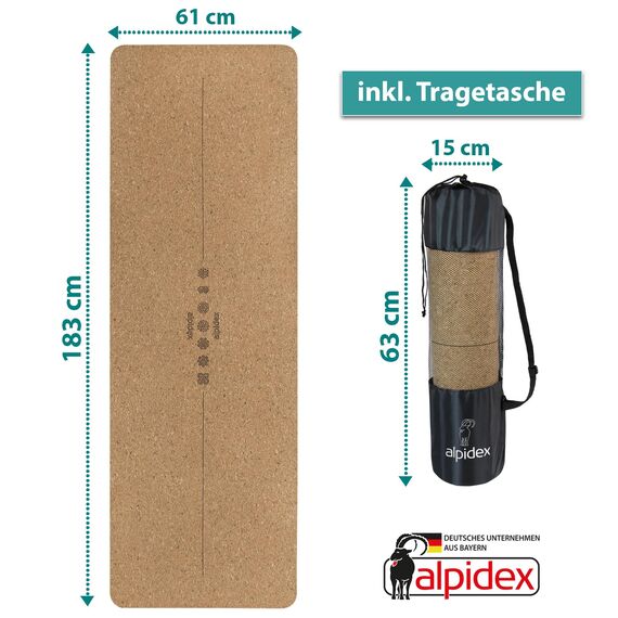 ALPIDEX Kork Yogamatte 183 x 61 x 0.6 cm E-Book Fitness Pilates Matte Schadstofffrei rutschfest Tragetasche Hilfslinien Natürlicher Kork Yoga Mat, Bordeaux