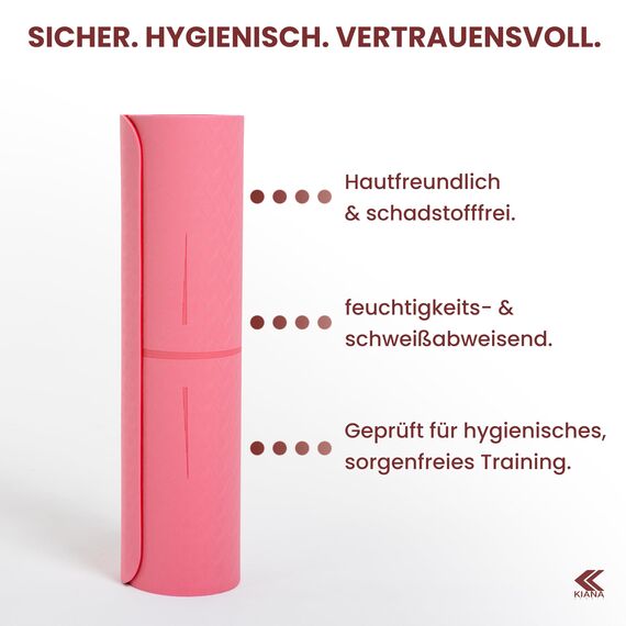 KIANA SPORTS® Yoga Matte – Rutschfeste Sportmatte in Deutschland entwickelt – 2 Komfort-Dicken – Formstabile Yogamatte & Gymnastikmatte – Ideale Fitnessmatte für Yoga & Pilates zuhause oder im Studio