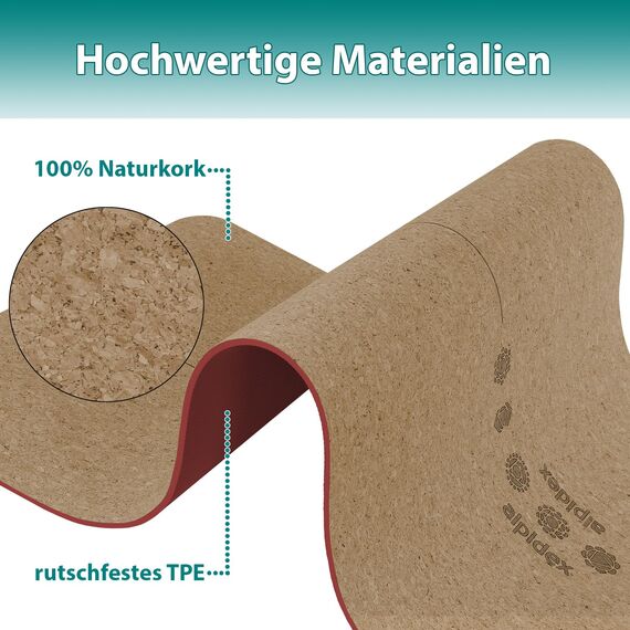 ALPIDEX Kork Yogamatte 183 x 61 x 0.6 cm E-Book Fitness Pilates Matte Schadstofffrei rutschfest Tragetasche Hilfslinien Natürlicher Kork Yoga Mat, Bordeaux