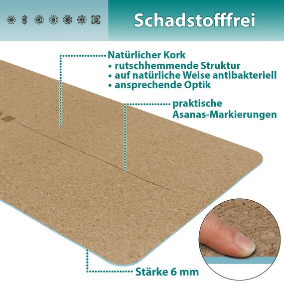 ALPIDEX Kork Yogamatte 183 x 61 x 0.6 cm E-Book Fitness Pilates Matte Schadstofffrei rutschfest Tragetasche Hilfslinien Natürlicher Kork Yoga Mat, Mint